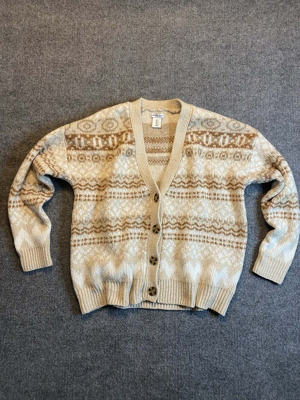 cupcakes and cashmere Knit Beige Geometric Cardigan Sweater Button Accent S